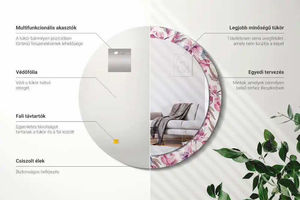 Oglindă rotundă cu imprimeu floral cu bujori