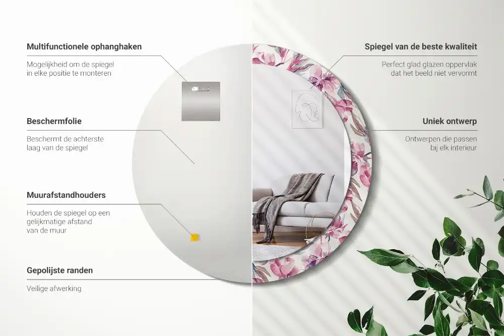 Oglindă rotundă cu imprimeu floral cu bujori