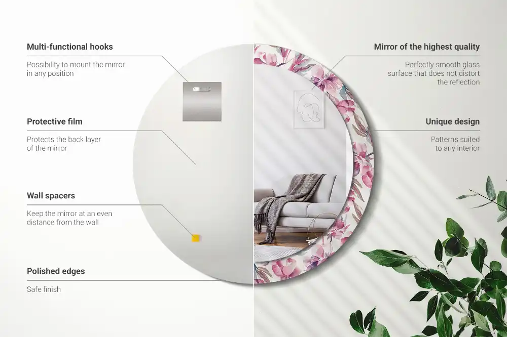 Oglindă rotundă cu imprimeu floral cu bujori