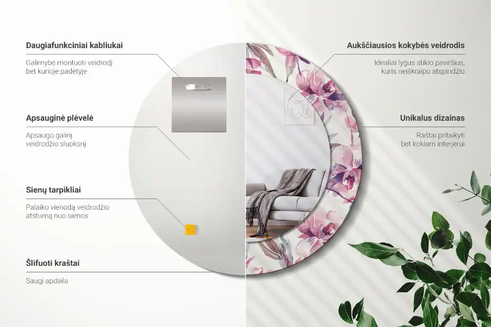 Oglindă rotundă cu imprimeu floral cu bujori