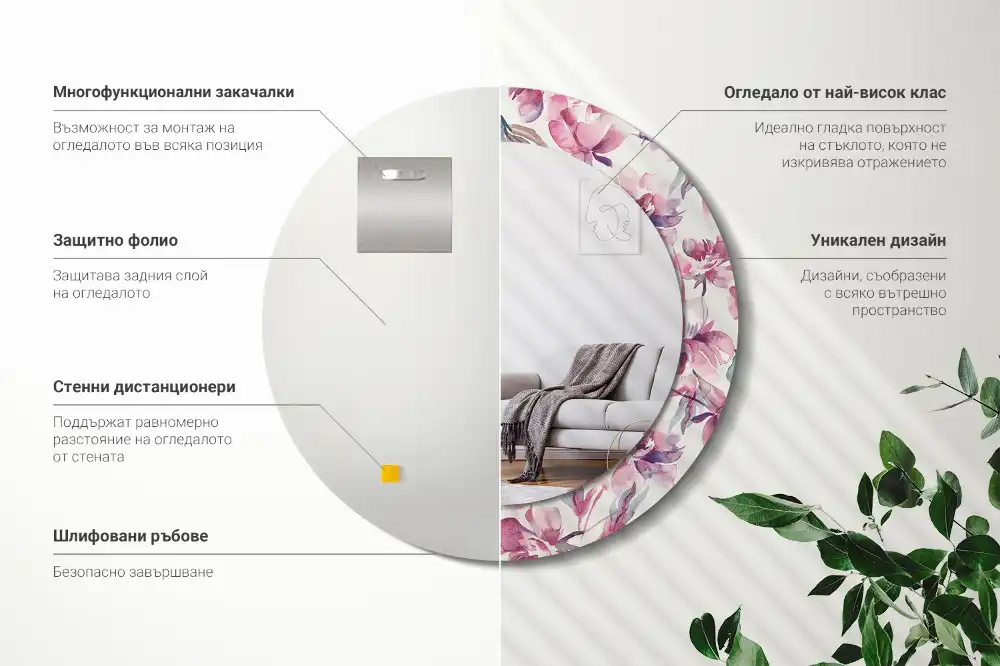 Oglindă rotundă cu imprimeu floral cu bujori