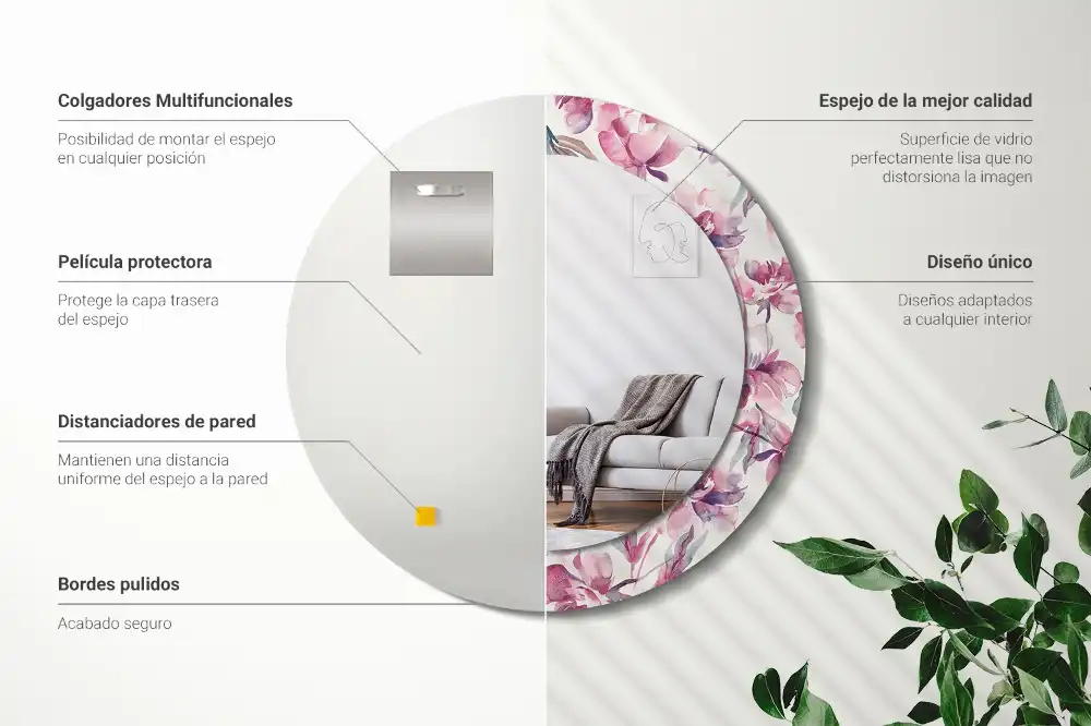 Oglindă rotundă cu imprimeu floral cu bujori
