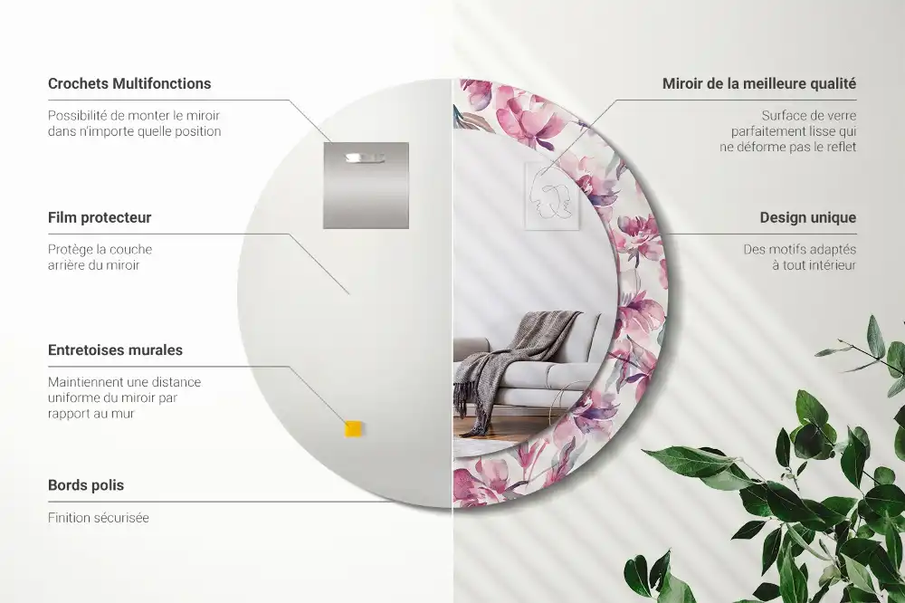 Oglindă rotundă cu imprimeu floral cu bujori