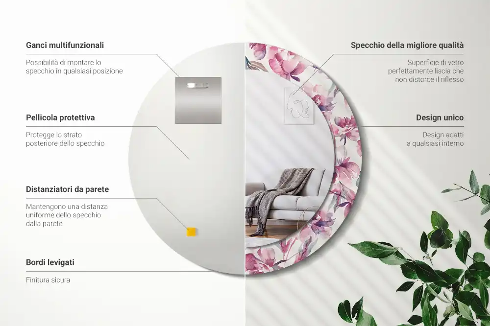 Oglindă rotundă cu imprimeu floral cu bujori