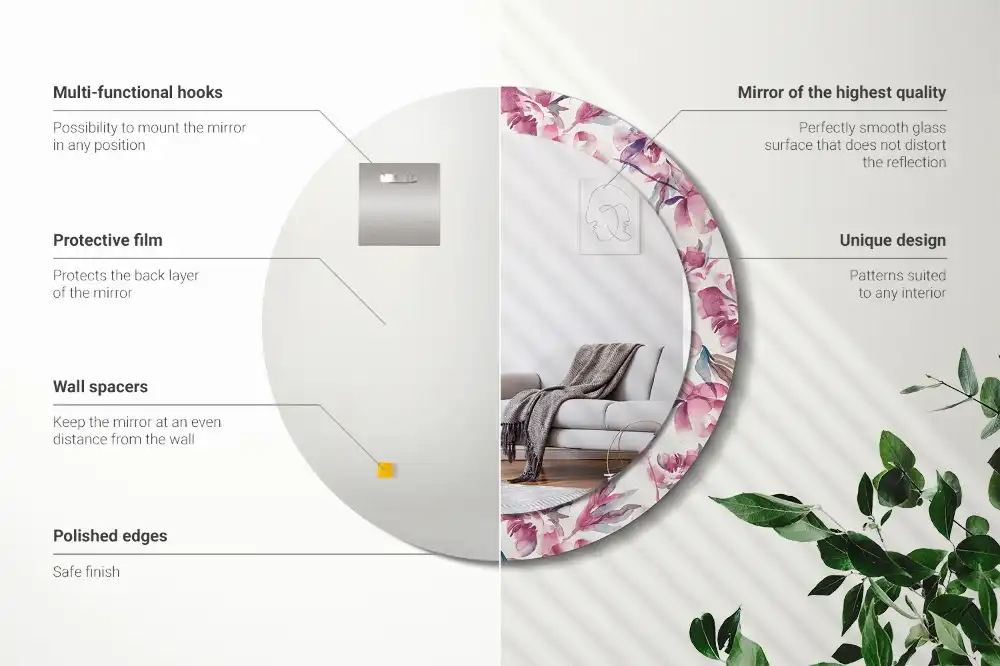 Oglindă rotundă cu imprimeu floral cu bujori