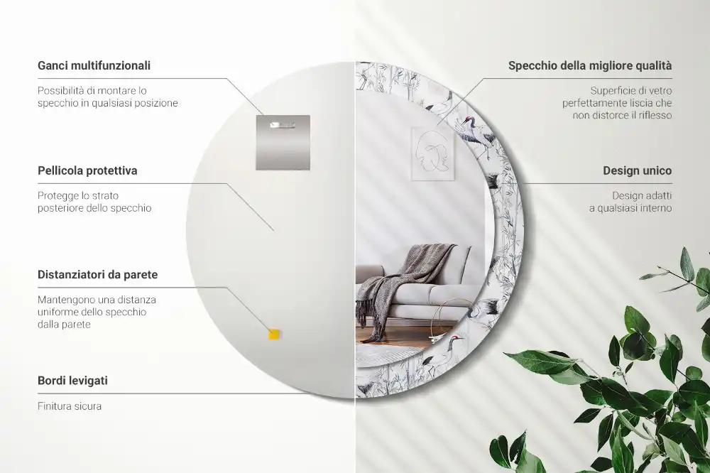 Oglindă decorativă rotundă cu design de păsări cocor