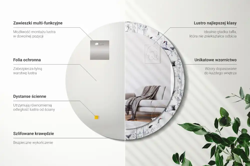 Oglindă decorativă rotundă cu design de păsări cocor