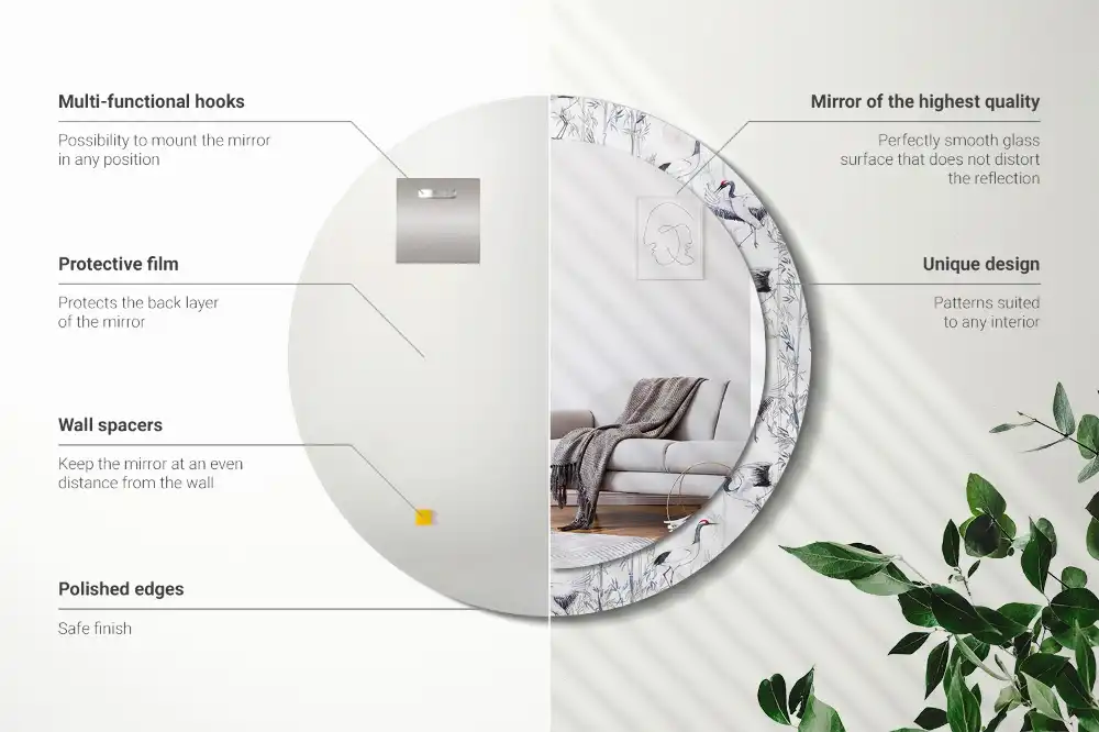 Oglindă decorativă rotundă cu design de păsări cocor