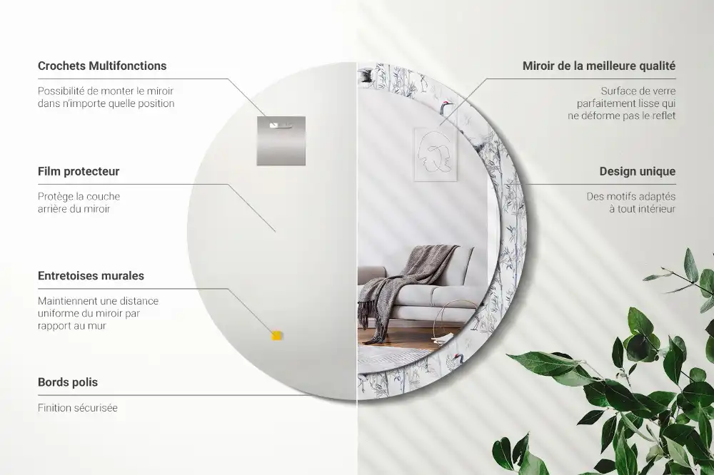 Oglindă decorativă rotundă cu design de păsări cocor