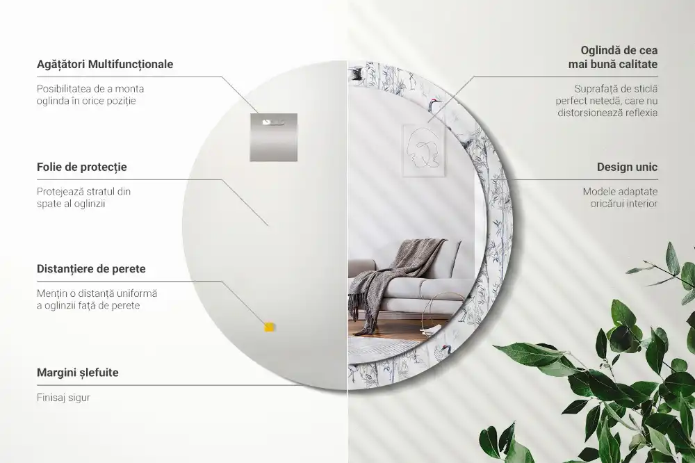 Oglindă decorativă rotundă cu design de păsări cocor