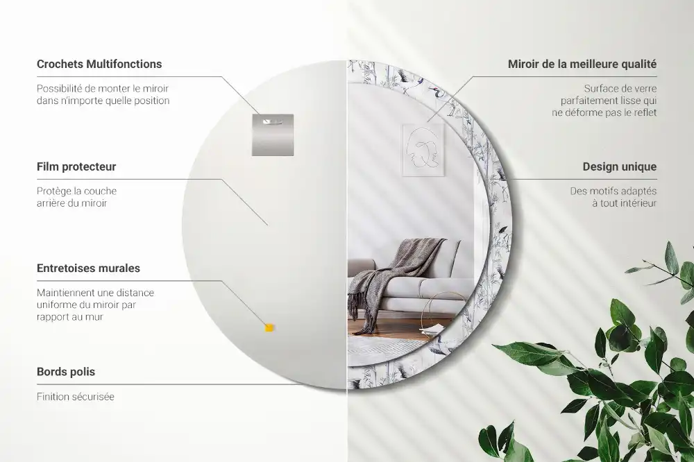 Oglindă decorativă rotundă cu design de păsări cocor