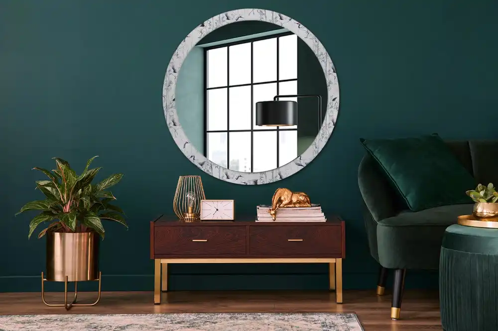 Oglindă decorativă rotundă cu design de păsări cocor