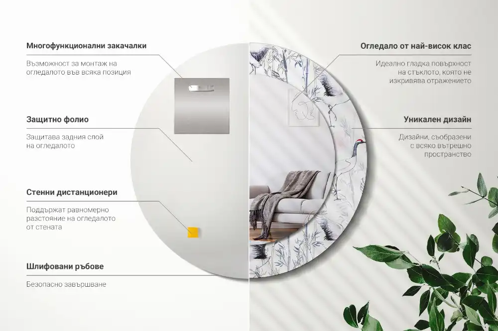 Oglindă decorativă rotundă cu design de păsări cocor