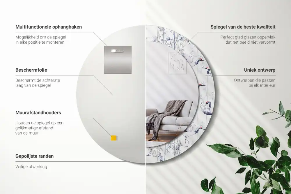Oglindă decorativă rotundă cu design de păsări cocor