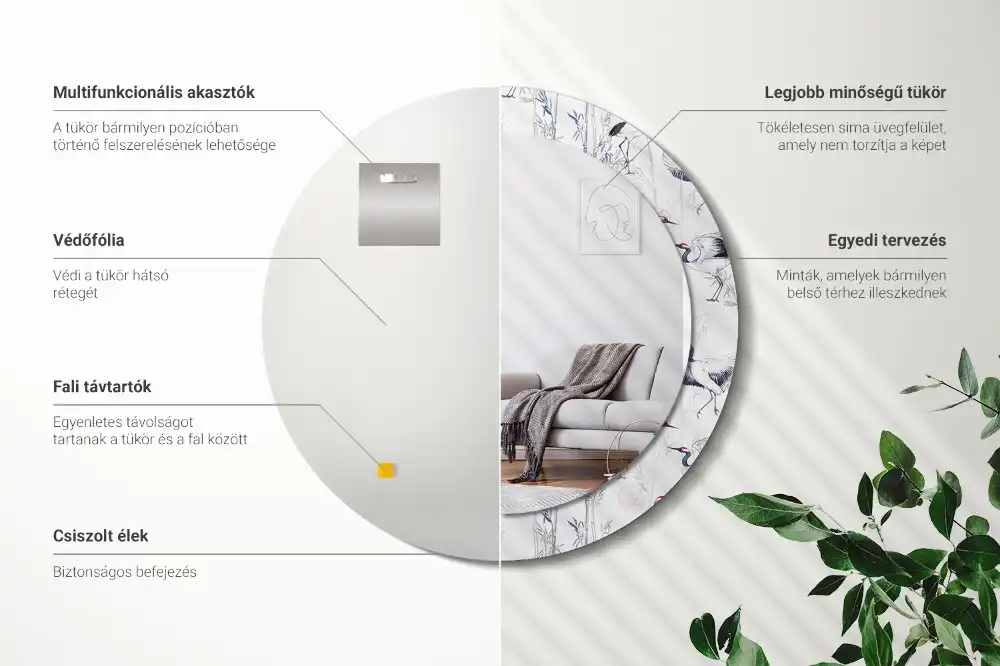 Oglindă decorativă rotundă cu design de păsări cocor