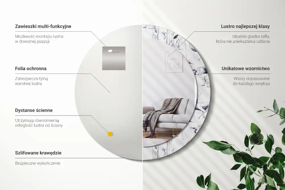 Oglindă decorativă rotundă cu design de păsări cocor