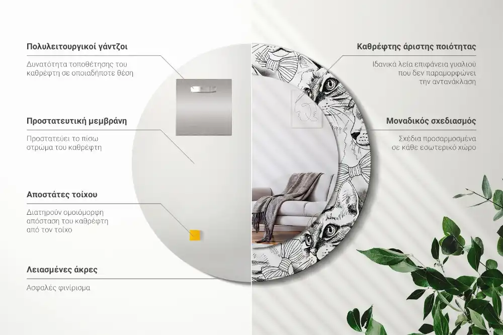 Oglindă rotundă decorativă pentru perete cu pisici