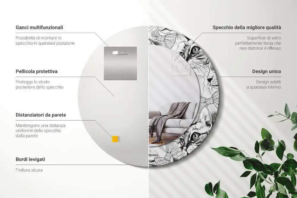 Oglindă rotundă decorativă pentru perete cu pisici