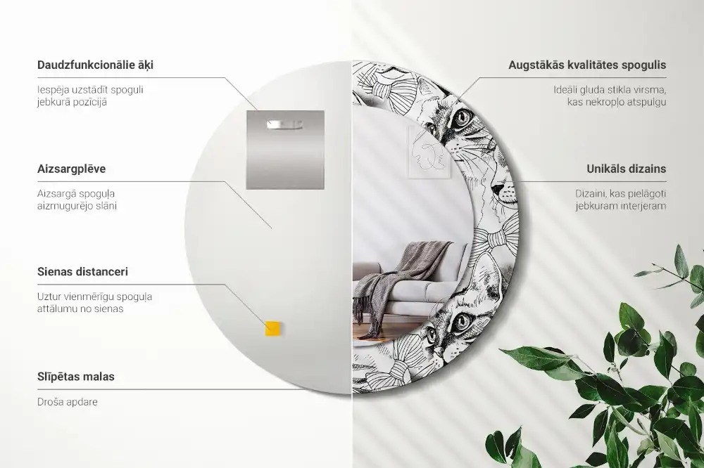 Oglindă rotundă decorativă pentru perete cu pisici