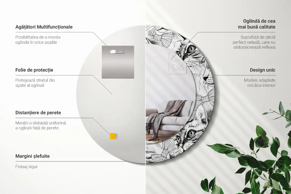 Oglindă rotundă decorativă pentru perete cu pisici