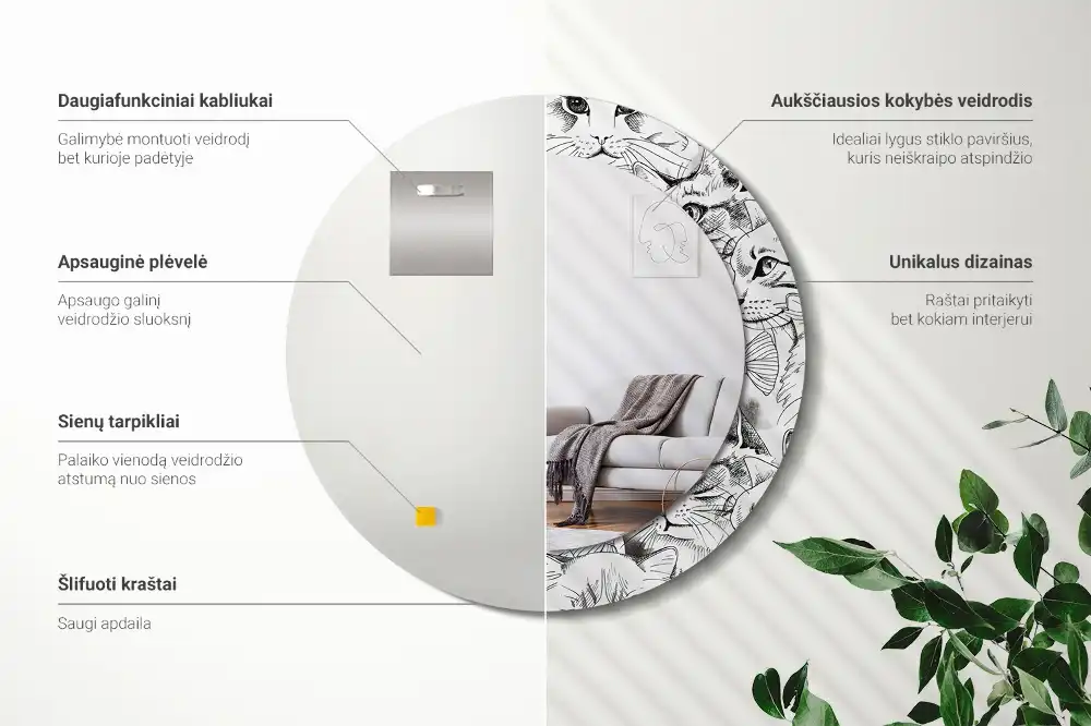 Oglindă rotundă decorativă pentru perete cu pisici