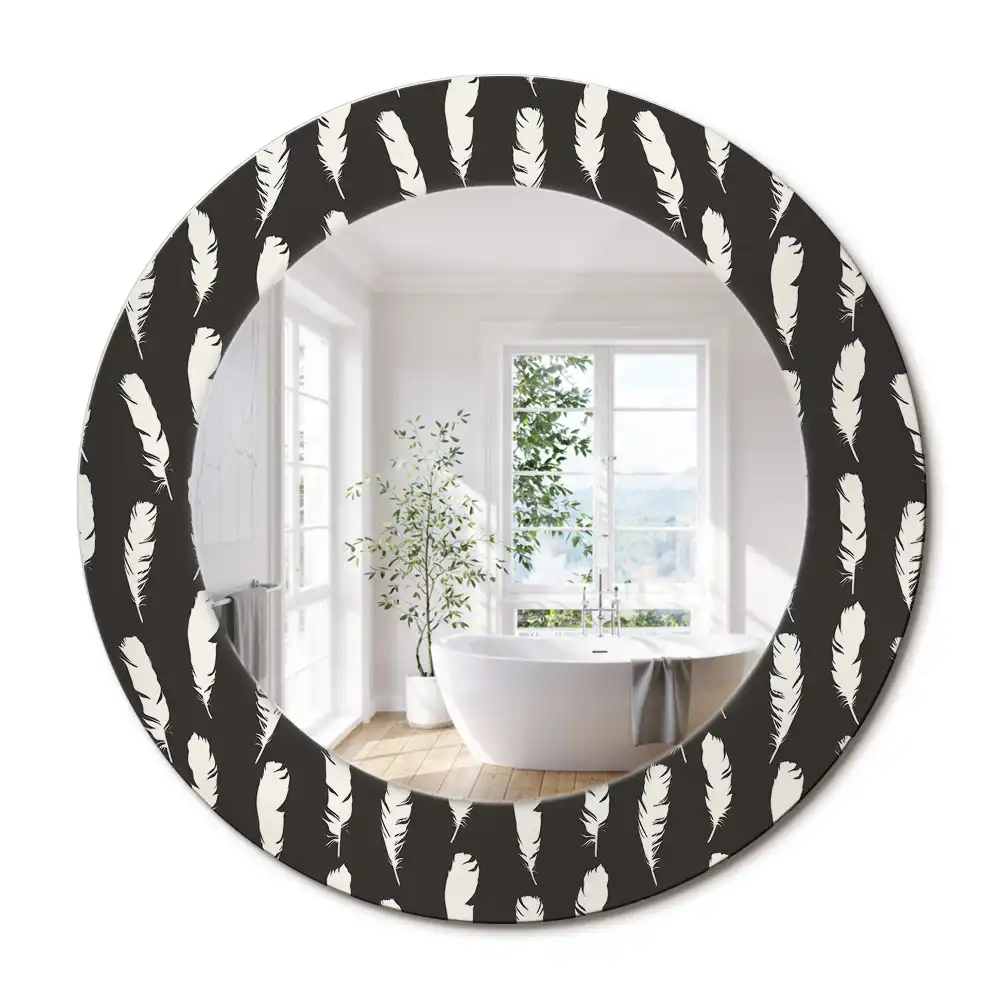 Oglindă rotundă decorativă cu pene albe și negre