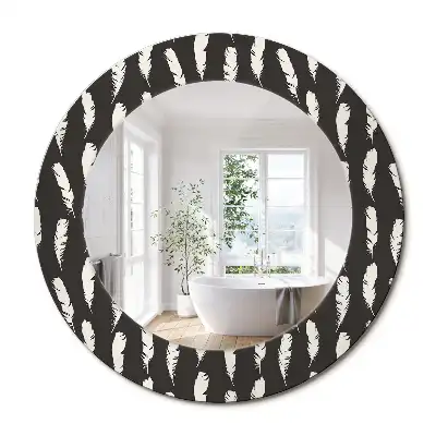 Oglindă rotundă decorativă cu pene albe și negre
