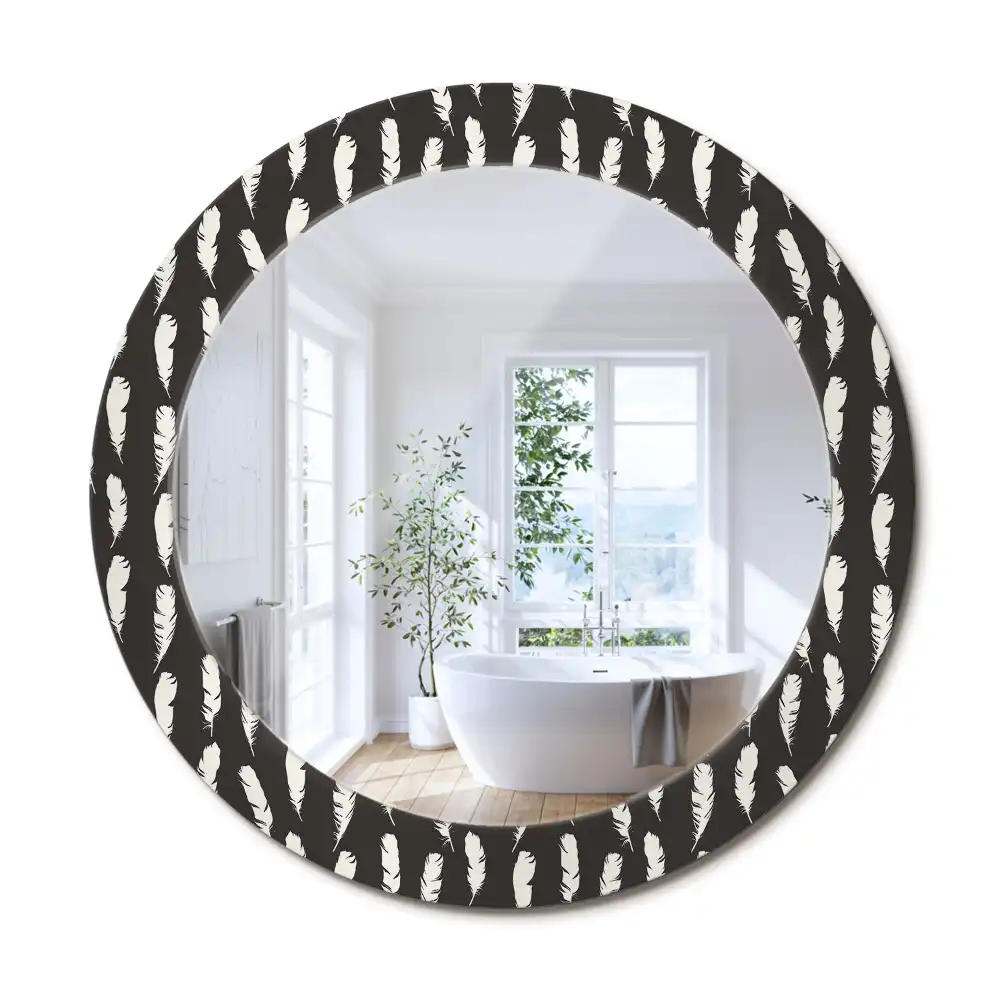 Oglindă rotundă decorativă cu pene albe și negre