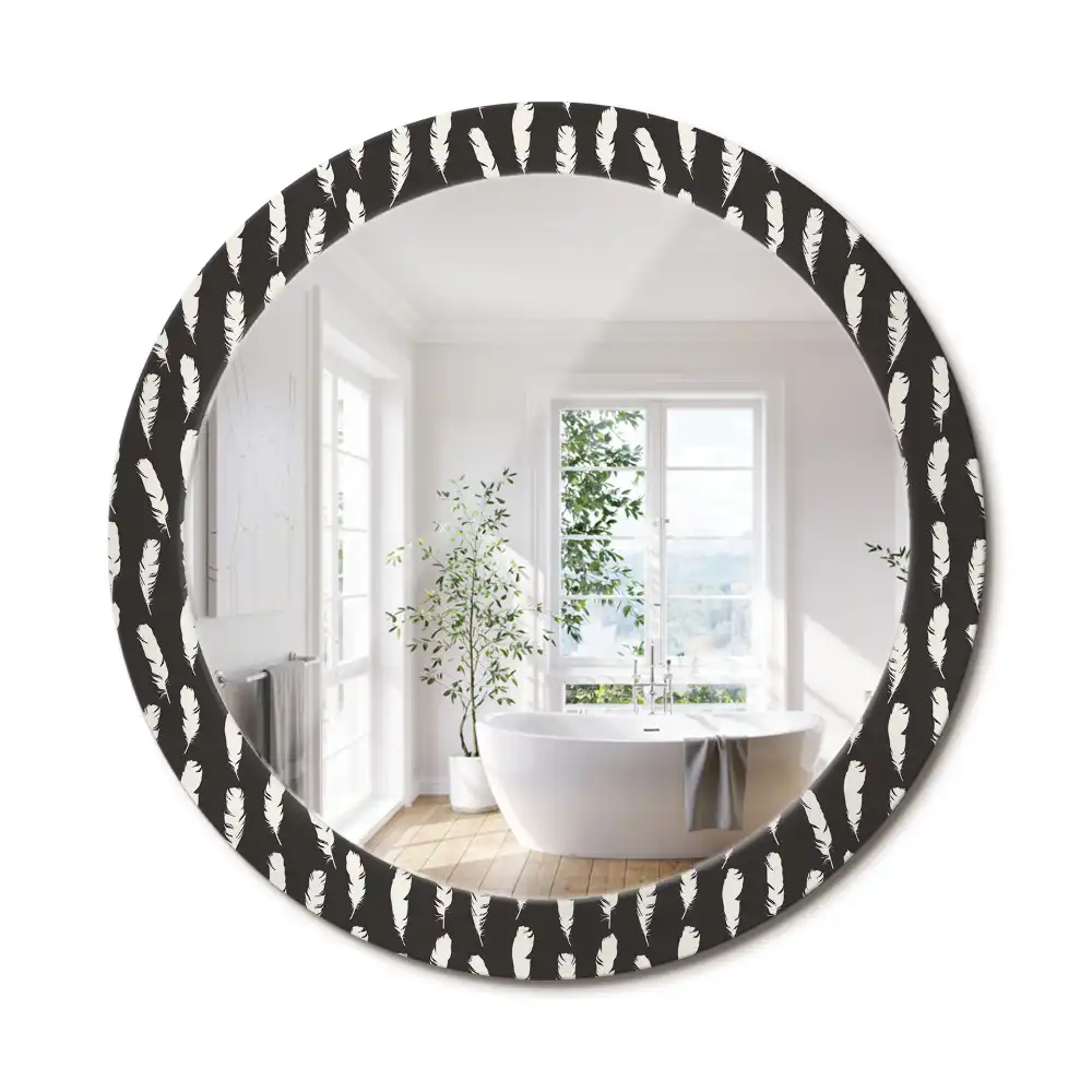 Oglindă rotundă decorativă cu pene albe și negre