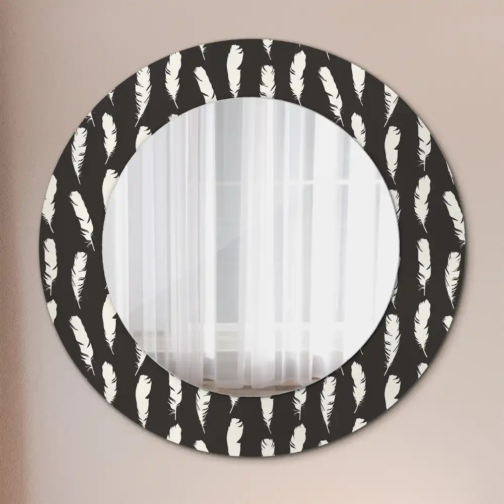 Oglindă rotundă decorativă cu pene albe și negre