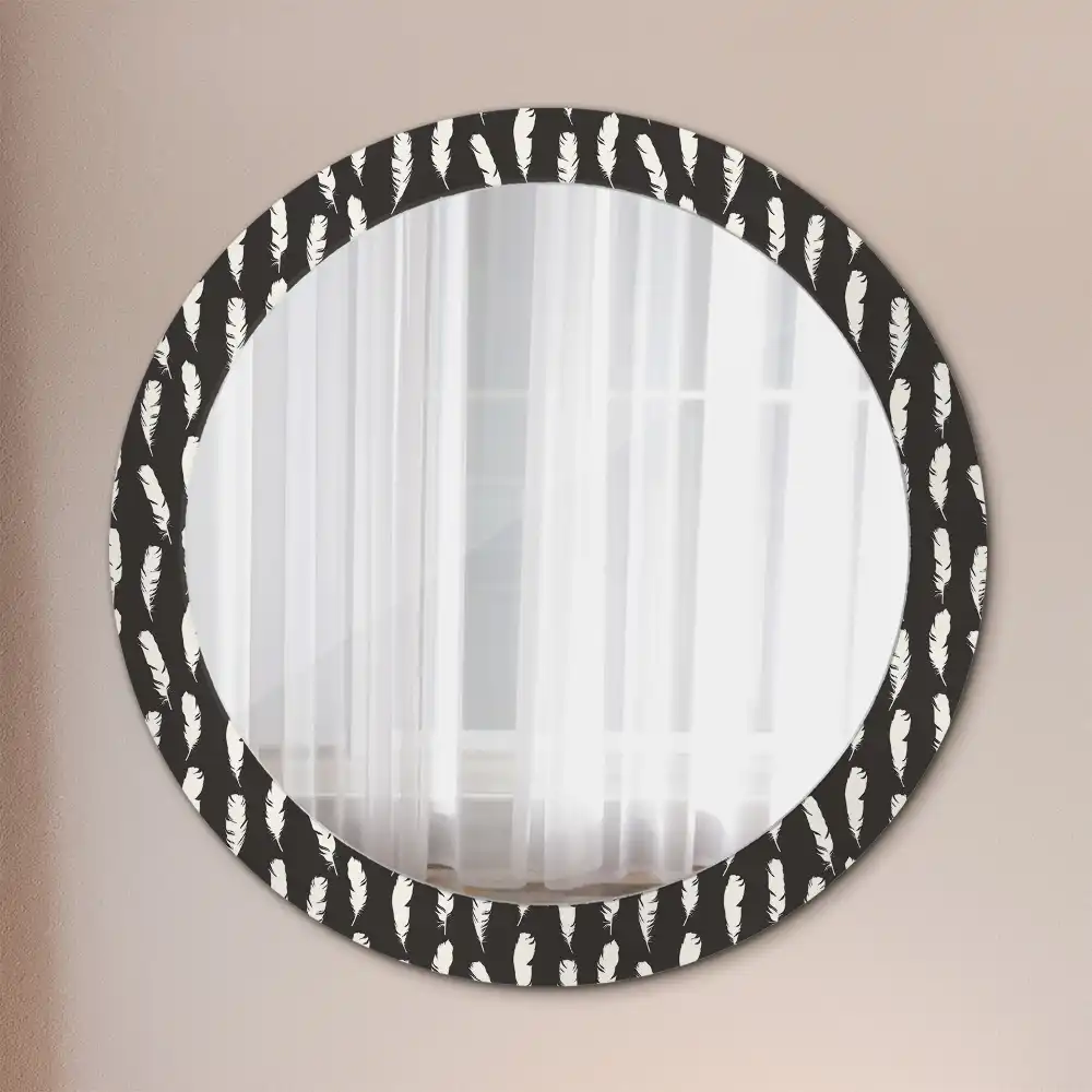 Oglindă rotundă decorativă cu pene albe și negre