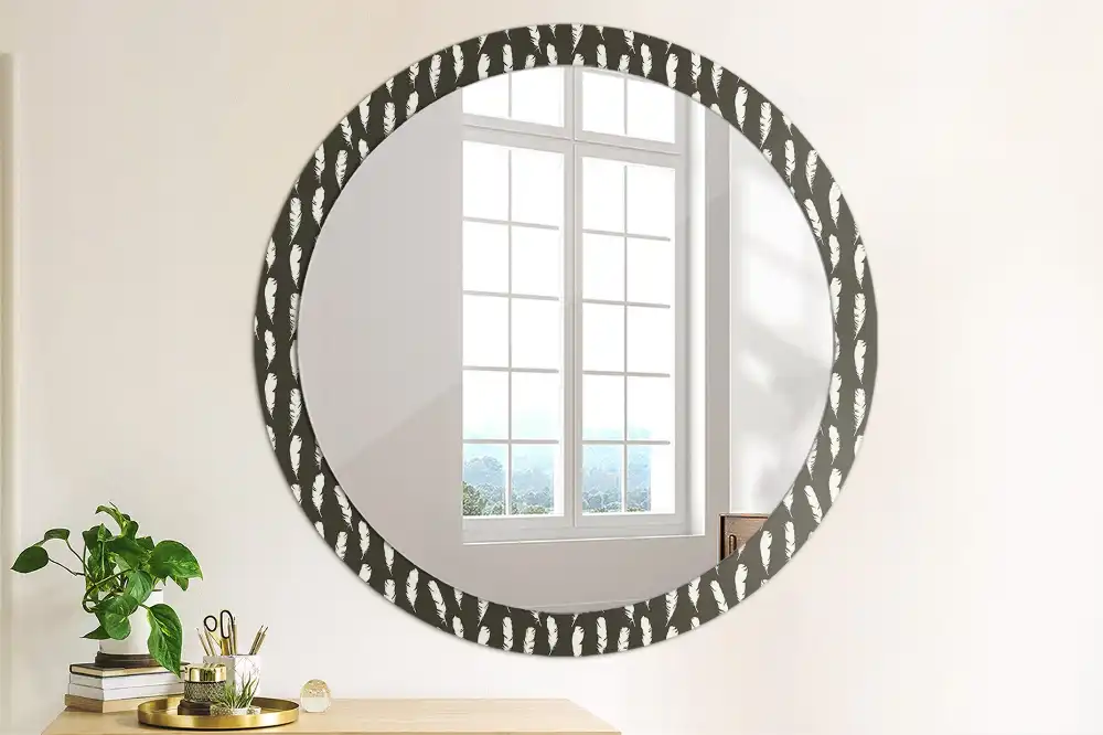 Oglindă rotundă decorativă cu pene albe și negre