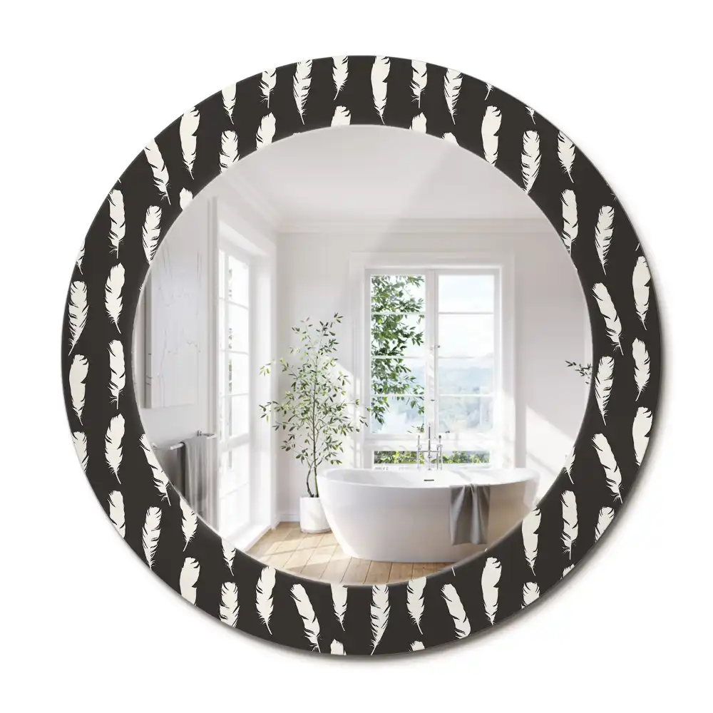 Oglindă rotundă decorativă cu pene albe și negre