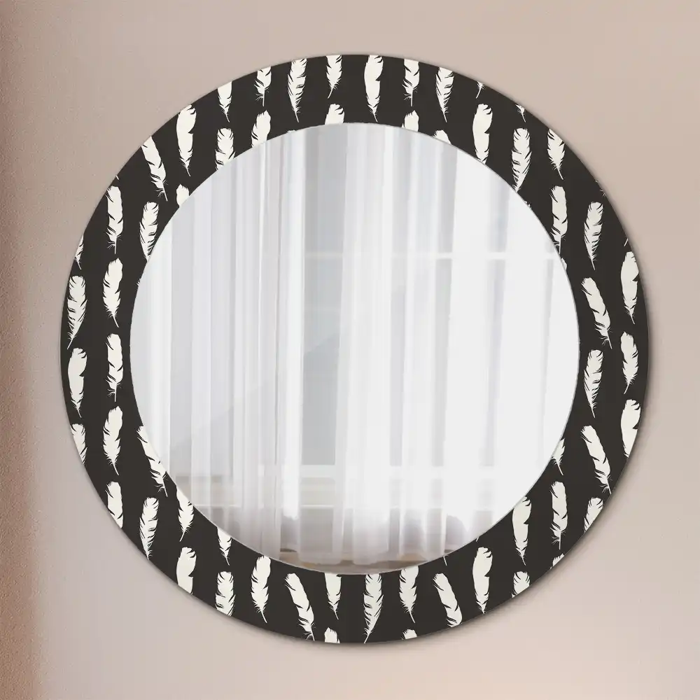 Oglindă rotundă decorativă cu pene albe și negre