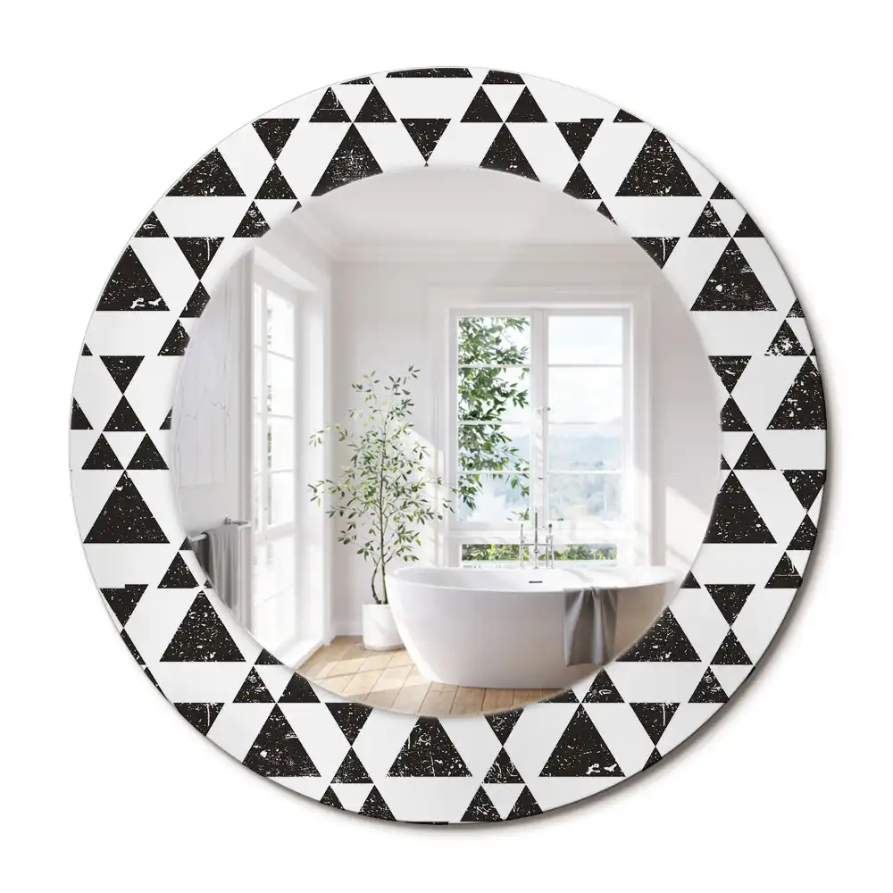 Oglindă rotundă cu ramă cu imprimeu geometric triunghiuri