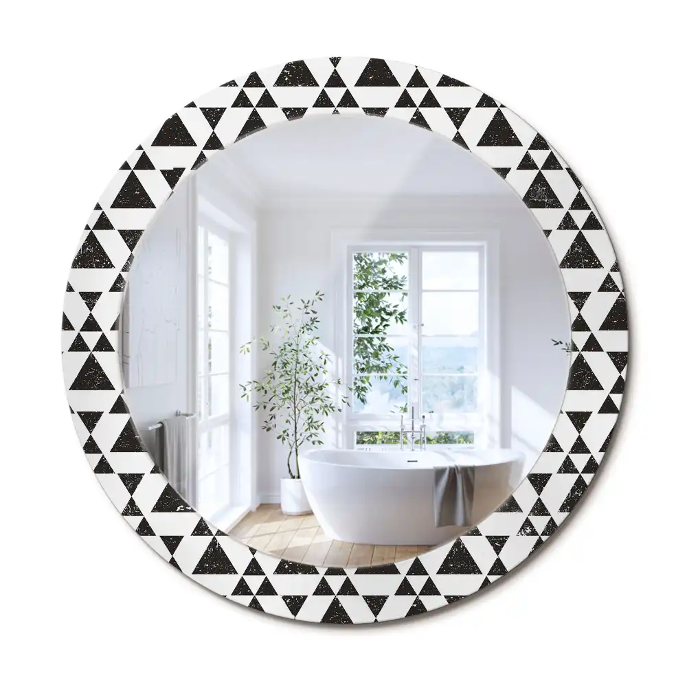 Oglindă rotundă cu ramă cu imprimeu geometric triunghiuri