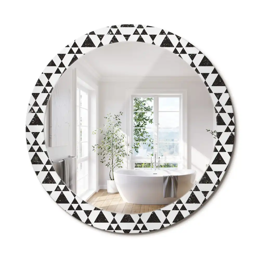 Oglindă rotundă cu ramă cu imprimeu geometric triunghiuri