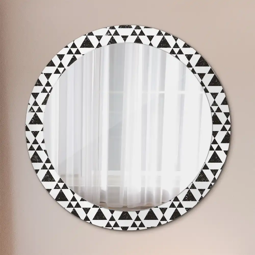 Oglindă rotundă cu ramă cu imprimeu geometric triunghiuri