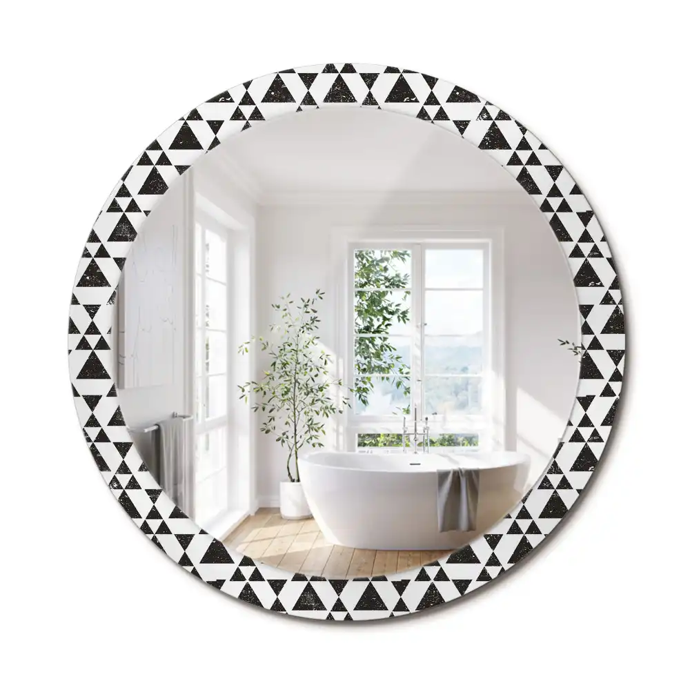 Oglindă rotundă cu ramă cu imprimeu geometric triunghiuri