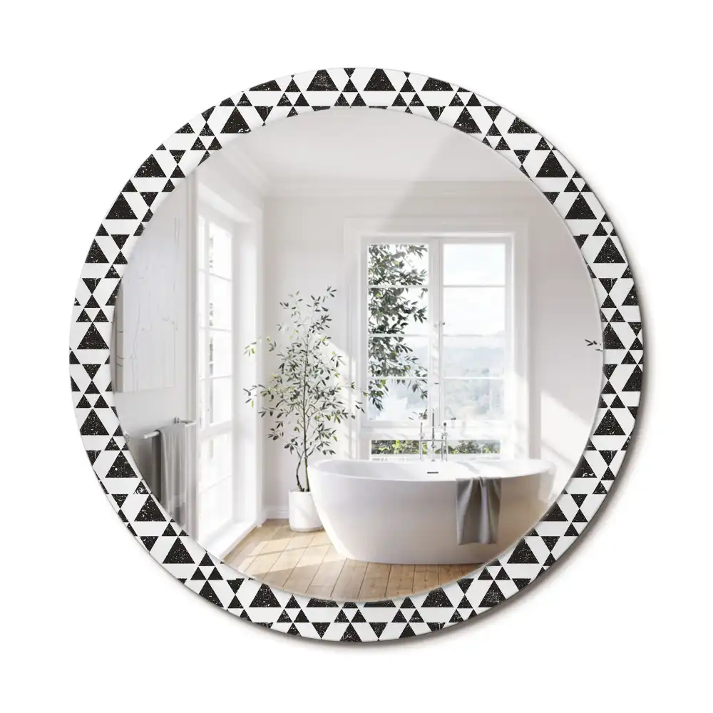 Oglindă rotundă cu ramă cu imprimeu geometric triunghiuri