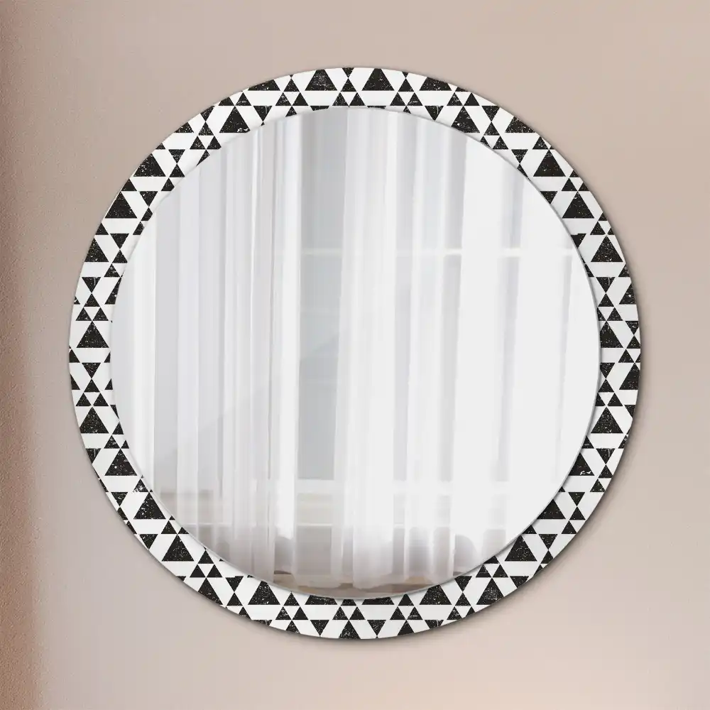 Oglindă rotundă cu ramă cu imprimeu geometric triunghiuri