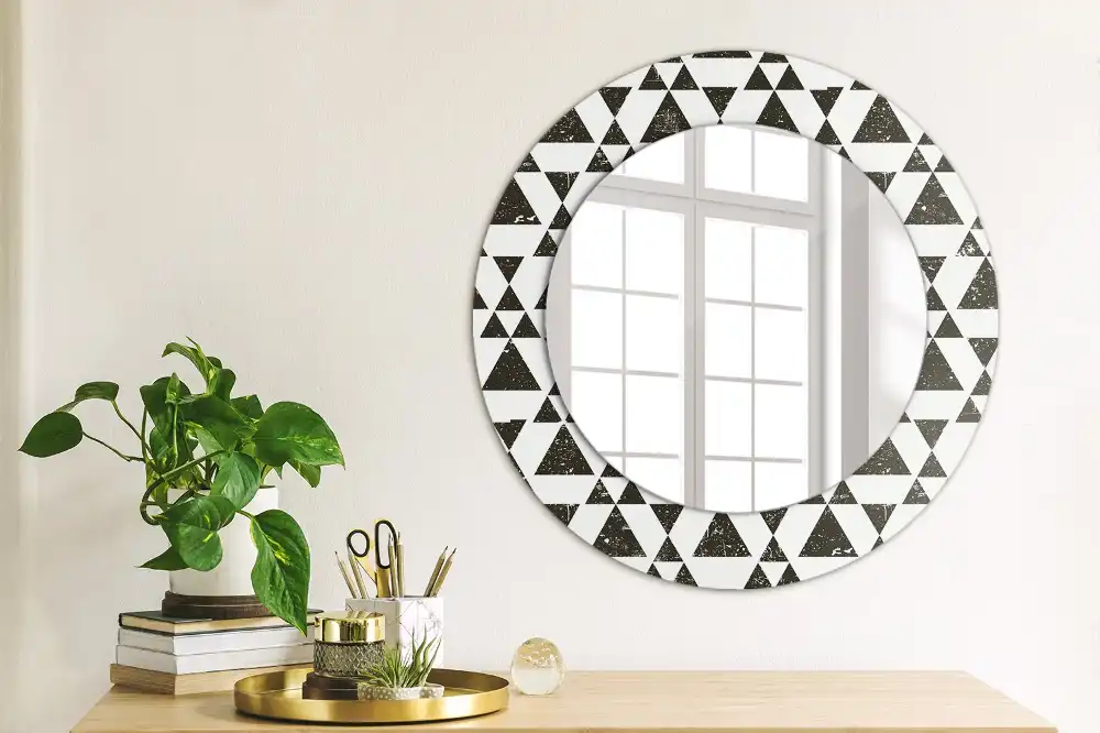 Oglindă rotundă cu ramă cu imprimeu geometric triunghiuri