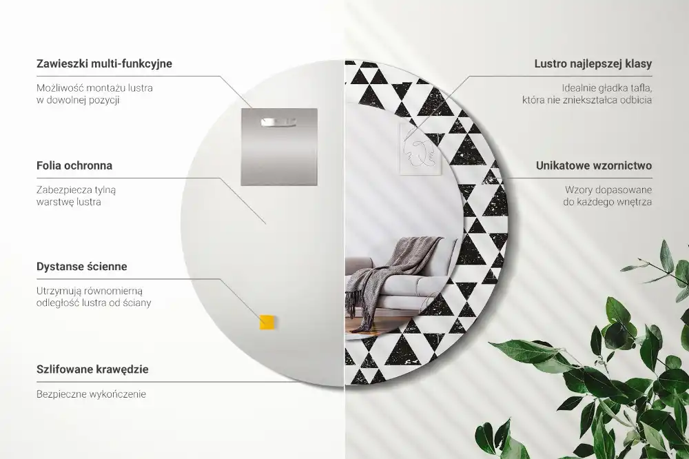 Oglindă rotundă cu ramă cu imprimeu geometric triunghiuri