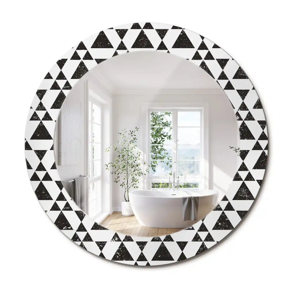Oglindă rotundă cu ramă cu imprimeu geometric triunghiuri