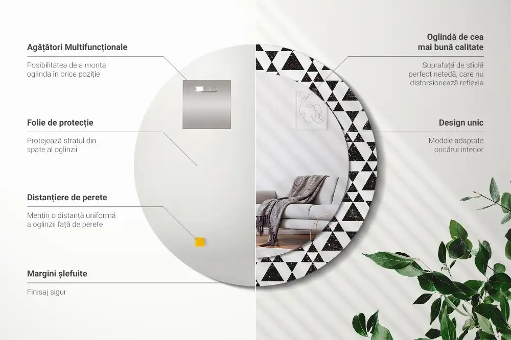 Oglindă rotundă cu ramă cu imprimeu geometric triunghiuri