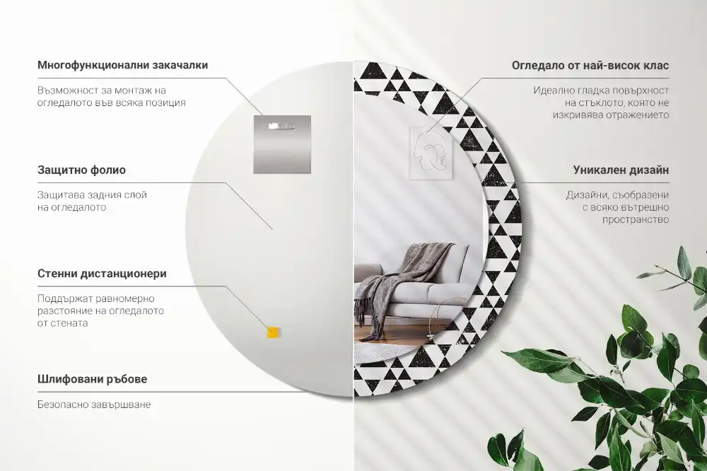 Oglindă rotundă cu ramă cu imprimeu geometric triunghiuri