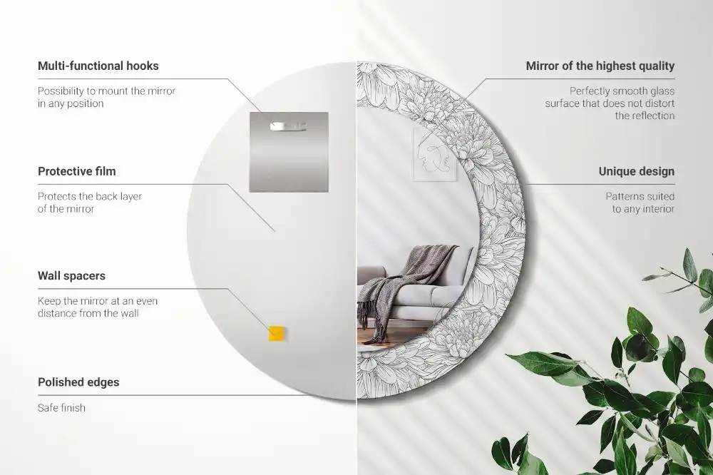 Oglindă rotundă cu imprimeu flori de lotus