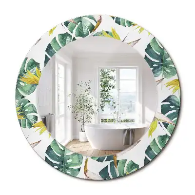 Oglindă rotundă cu ramă imprimată cu frunze tropicale