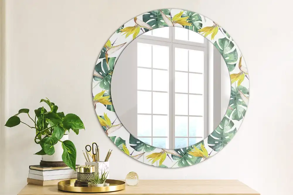 Oglindă rotundă cu ramă imprimată cu frunze tropicale