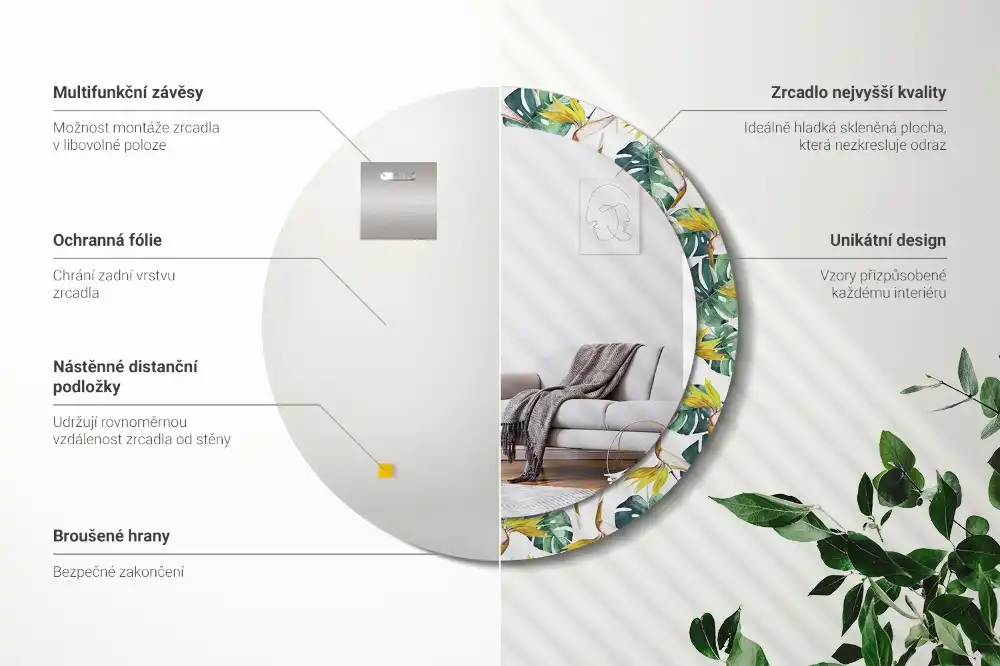Oglindă rotundă cu ramă imprimată cu frunze tropicale